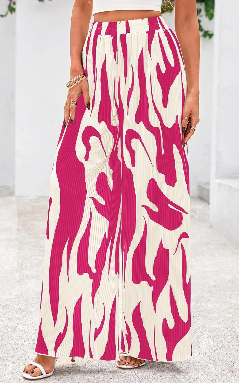 PRETTYGARDEN Womens Pants Dressy Casual Wide Leg Graphic Print Lounge Pants Women Comfy High Waist Pleated Palazzo Pants
