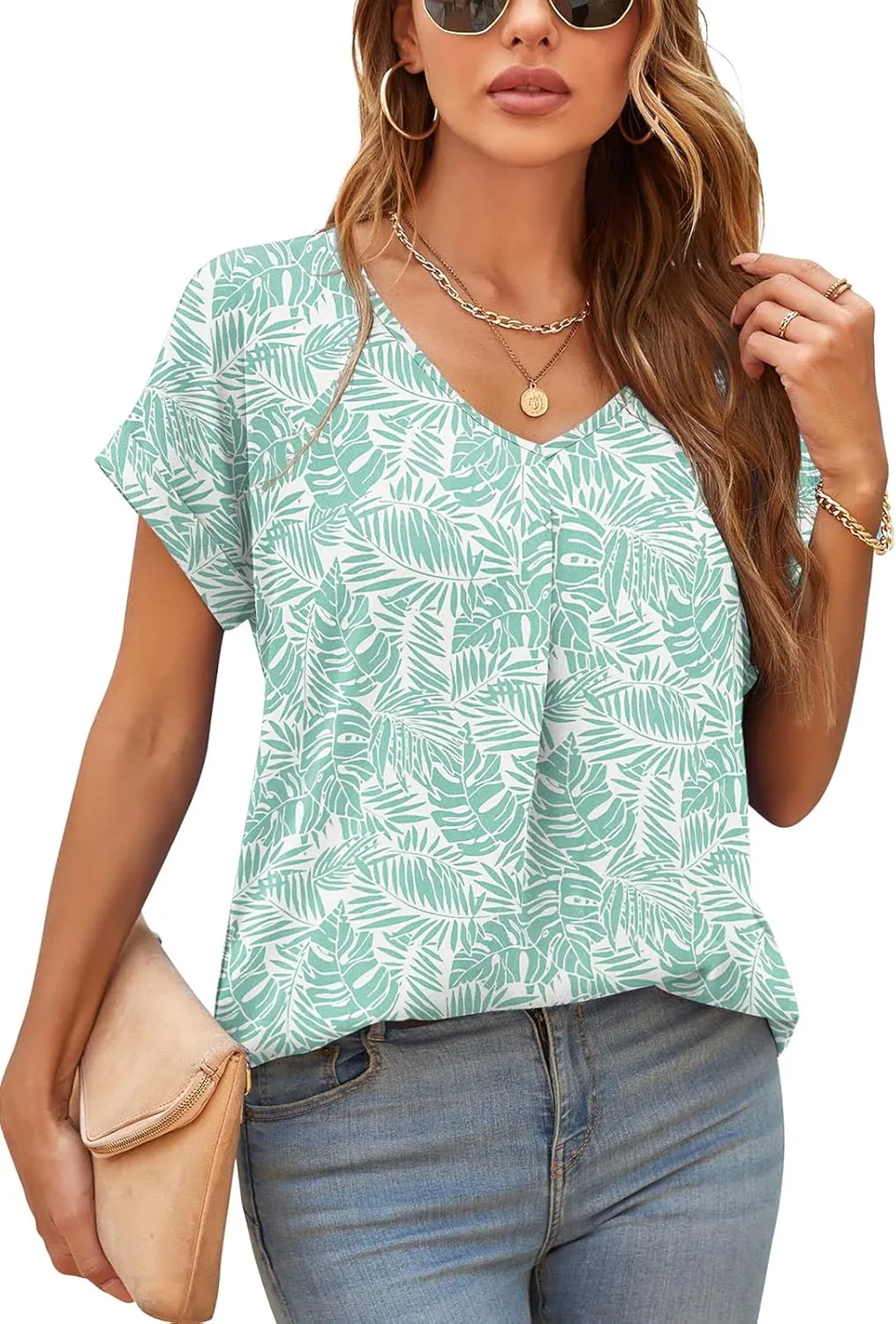 QUEZHU Summer Blouses for Women Elegant Casual V Neck Chiffon Blouses Tops Shirts