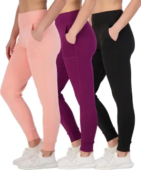 Real Essentials 3 Pack: Women's Joggers with Pockets - High Waist Workout Yoga Tapered Athletic Leggings (Available in Plus)