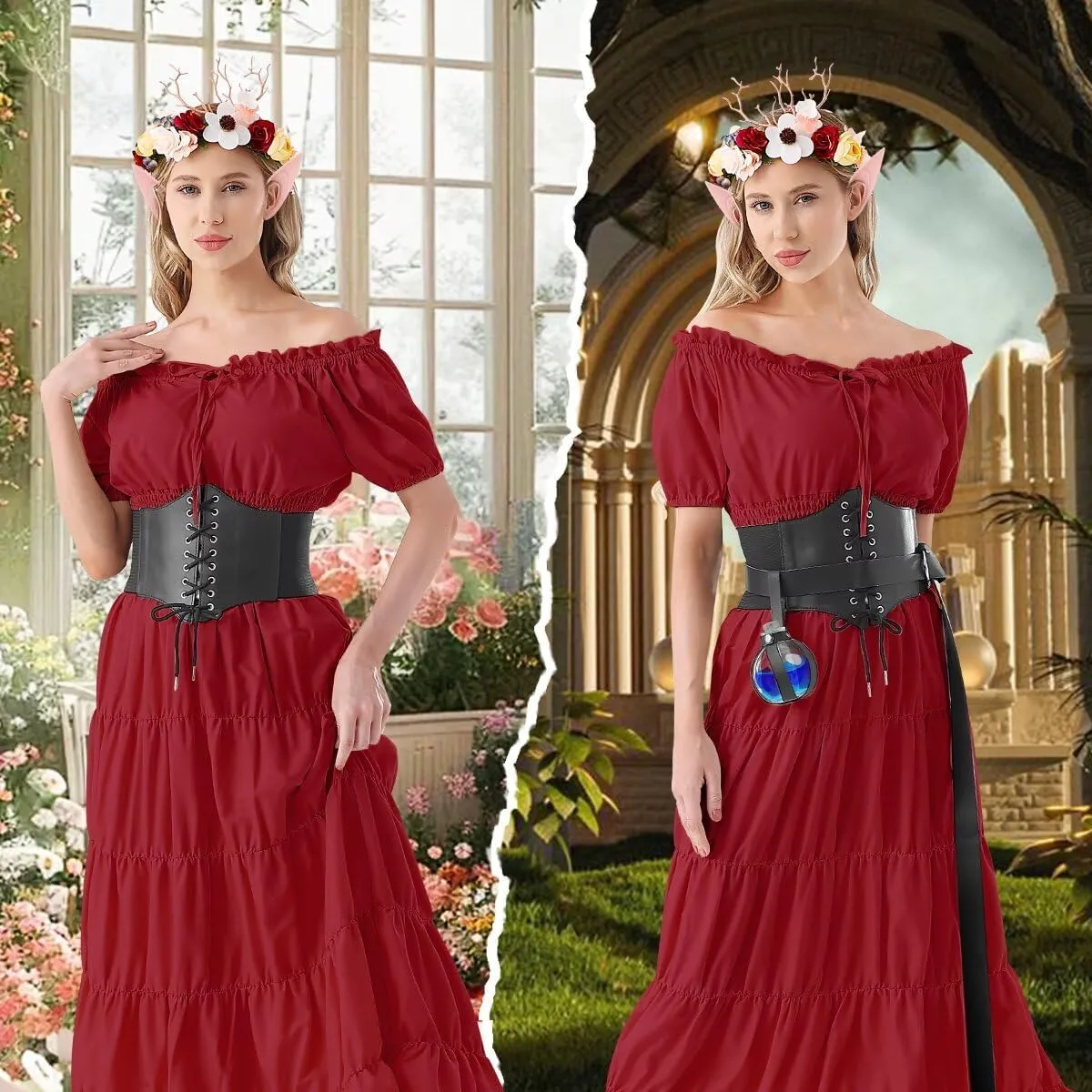 Renaissance Costume Women Medieval Fairy Dress, Corset Elf Ears Garland Belt Potion Bottles Peasant Halloween