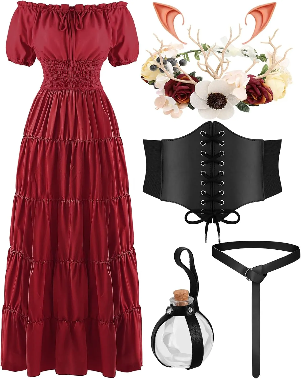 Renaissance Costume Women Medieval Fairy Dress, Corset Elf Ears Garland Belt Potion Bottles Peasant Halloween