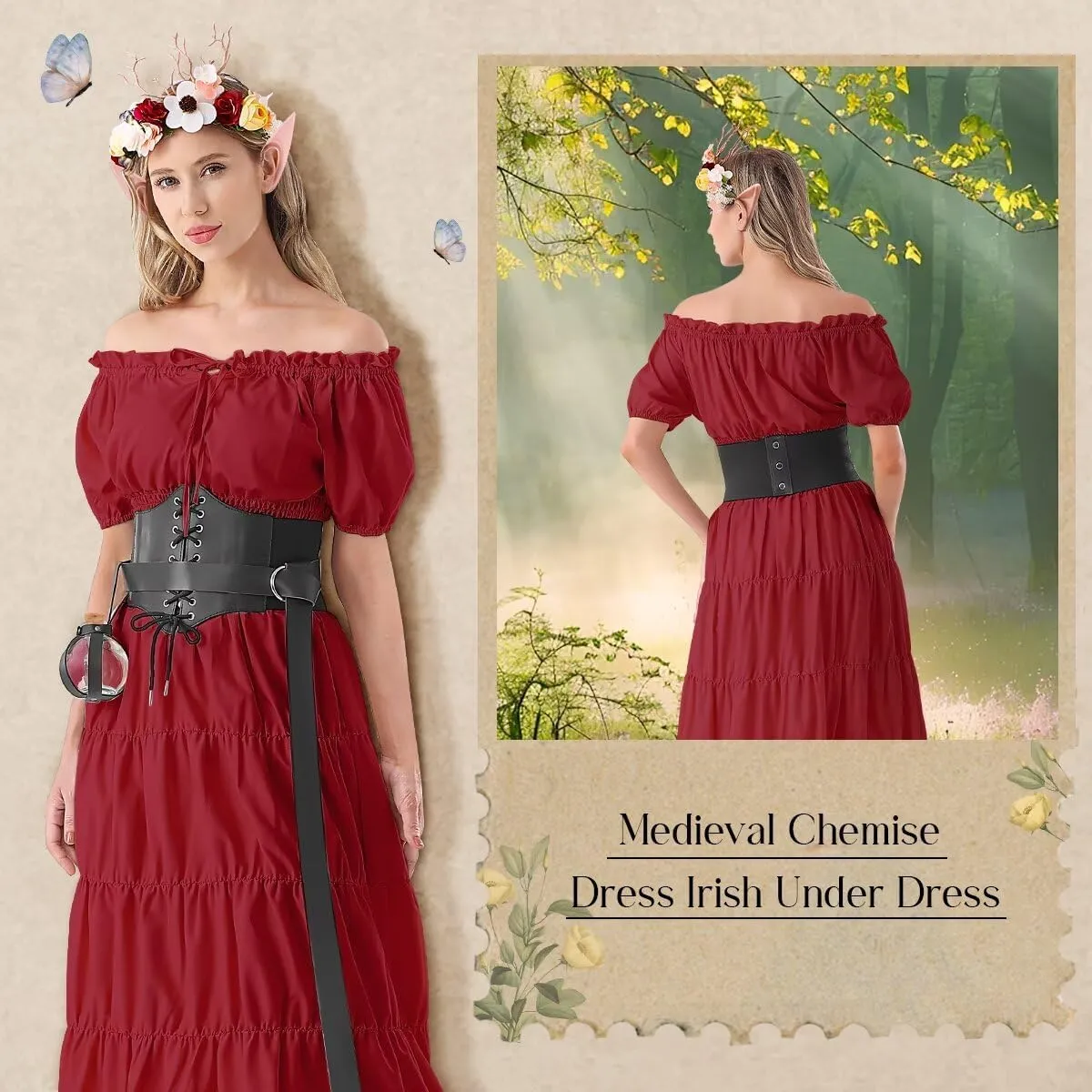 Renaissance Costume Women Medieval Fairy Dress, Corset Elf Ears Garland Belt Potion Bottles Peasant Halloween
