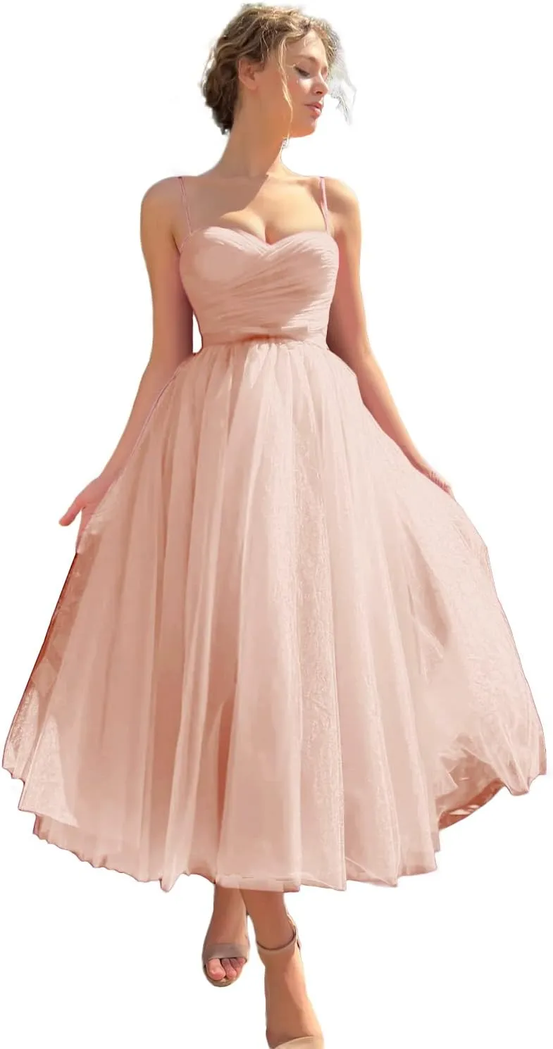 Sevintage Spaghetti Straps Tulle Prom Dress Tea Length Formal Party Evening Dress with Pockets