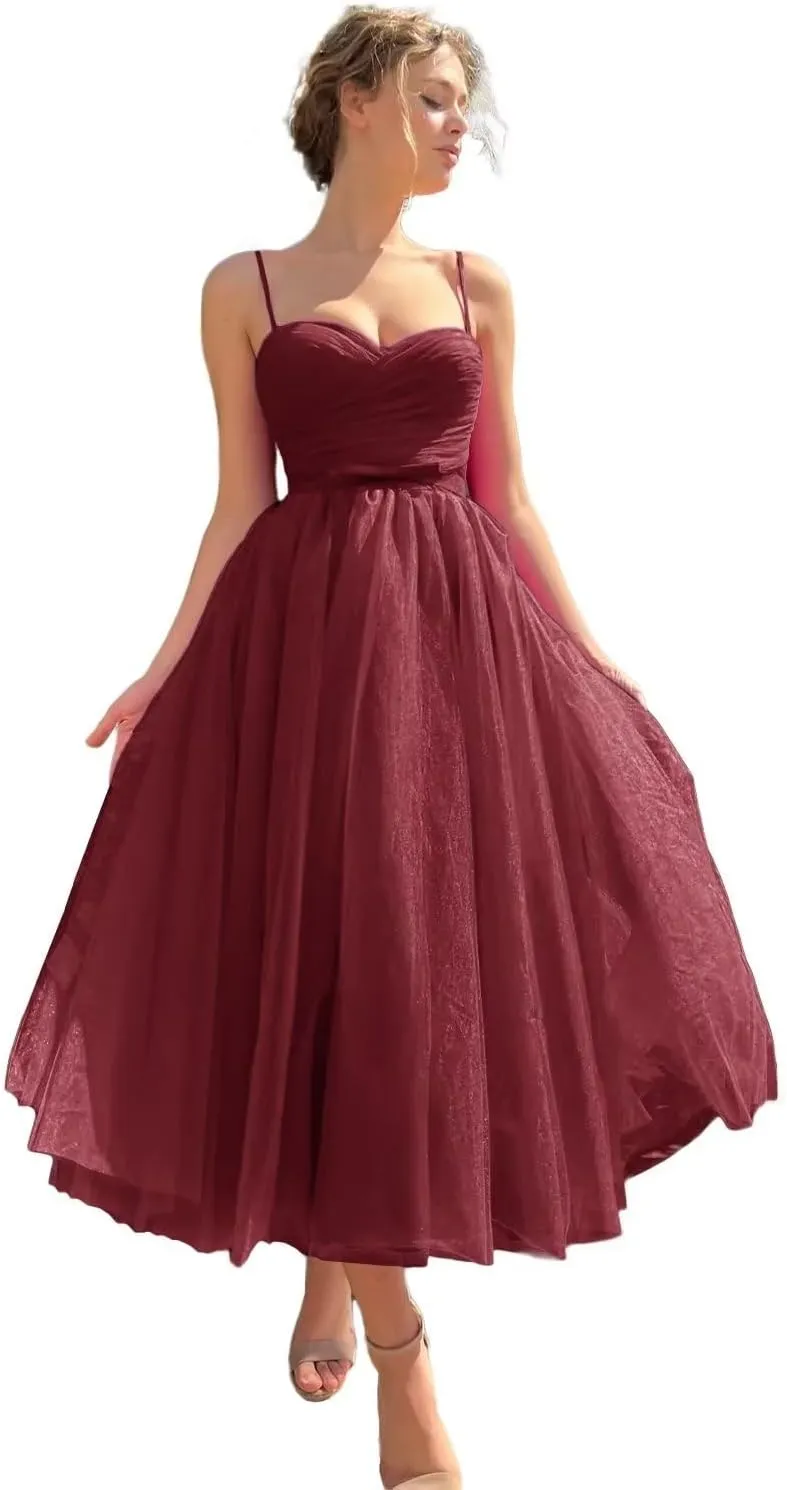 Sevintage Spaghetti Straps Tulle Prom Dress Tea Length Formal Party Evening Dress with Pockets