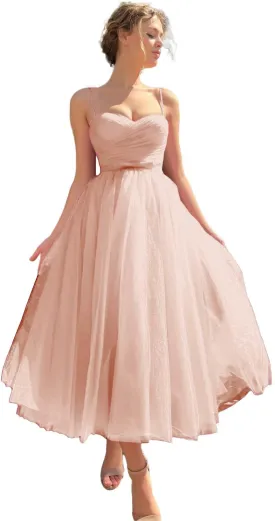 Sevintage Spaghetti Straps Tulle Prom Dress Tea Length Formal Party Evening Dress with Pockets