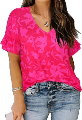 TIYOMI Plus Size Tops for Women Ruffle Shirts Button Short Sleeve Summer V Neck Tunics XL-5XL
