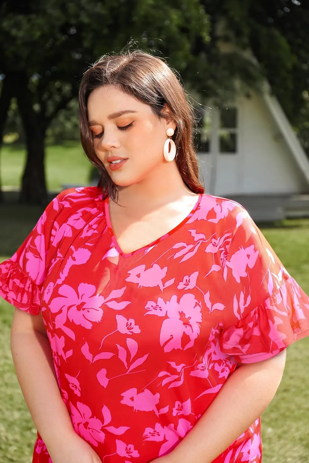 TIYOMI Plus Size Tops for Women Ruffle Shirts Button Short Sleeve Summer V Neck Tunics XL-5XL