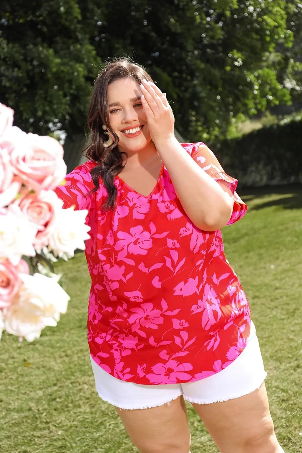TIYOMI Plus Size Tops for Women Ruffle Shirts Button Short Sleeve Summer V Neck Tunics XL-5XL