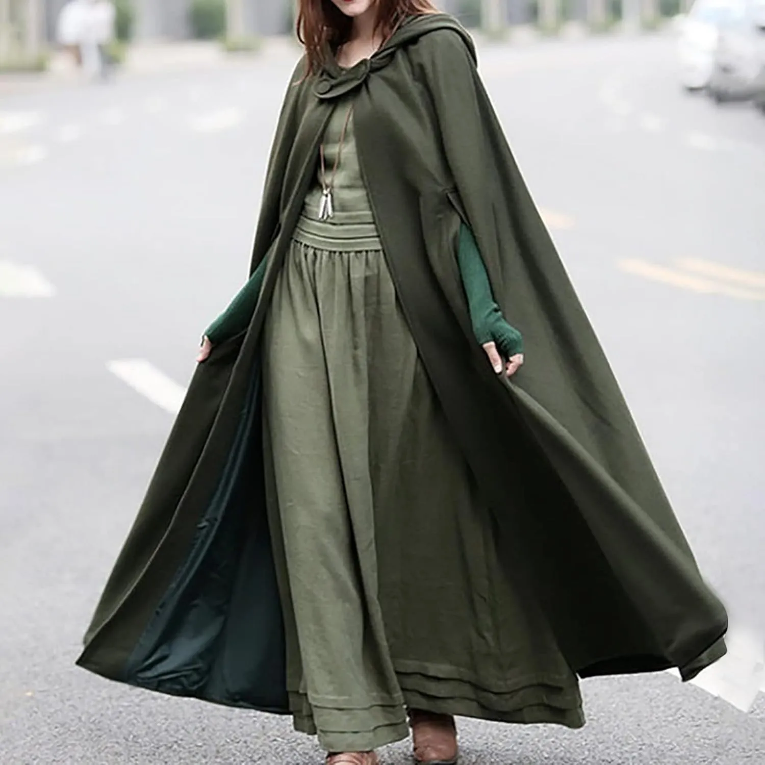 tuduoms Women Vinage Long Trench Coat, Gothic Hooded Cape Halloween Costumes Wool Blend Hooded Cape Poncho Maxi Cloak Coat