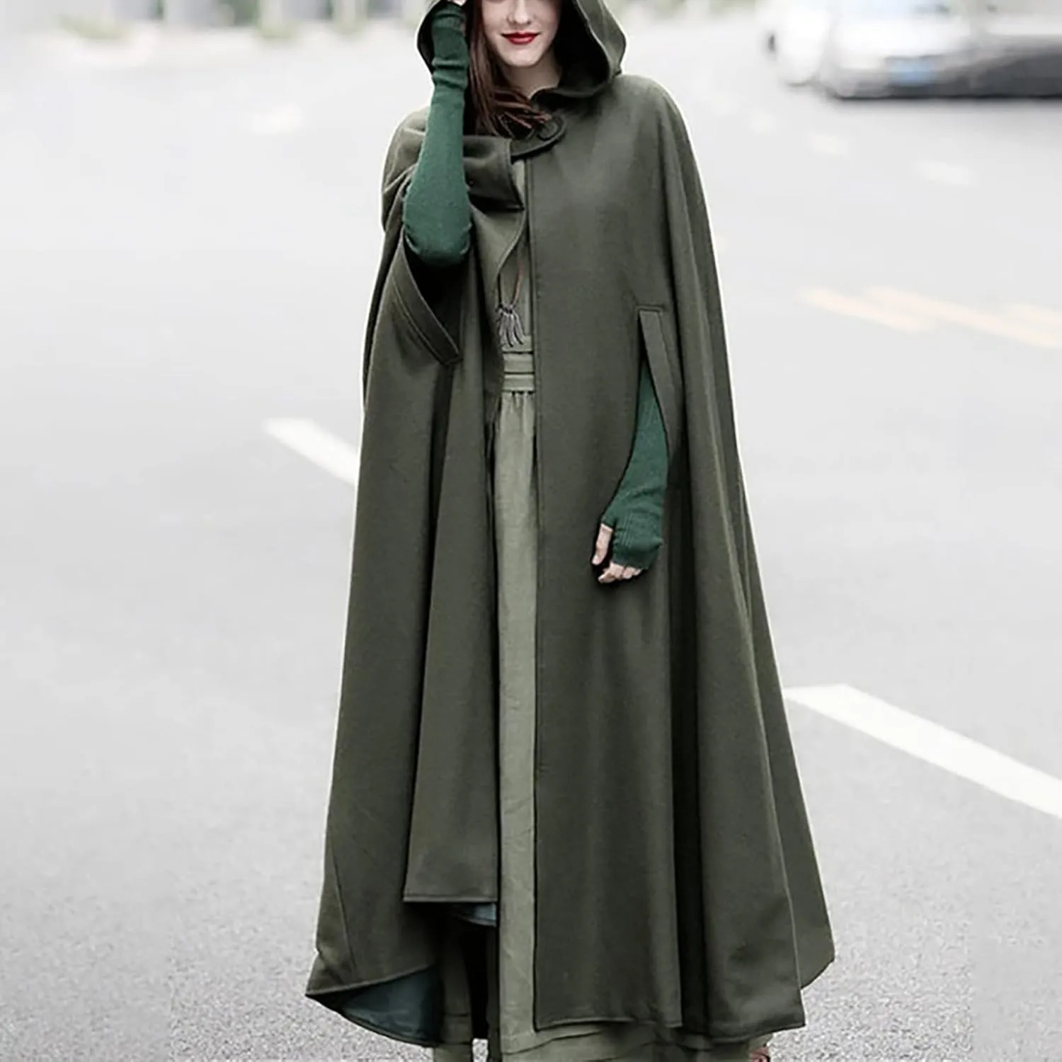 tuduoms Women Vinage Long Trench Coat, Gothic Hooded Cape Halloween Costumes Wool Blend Hooded Cape Poncho Maxi Cloak Coat