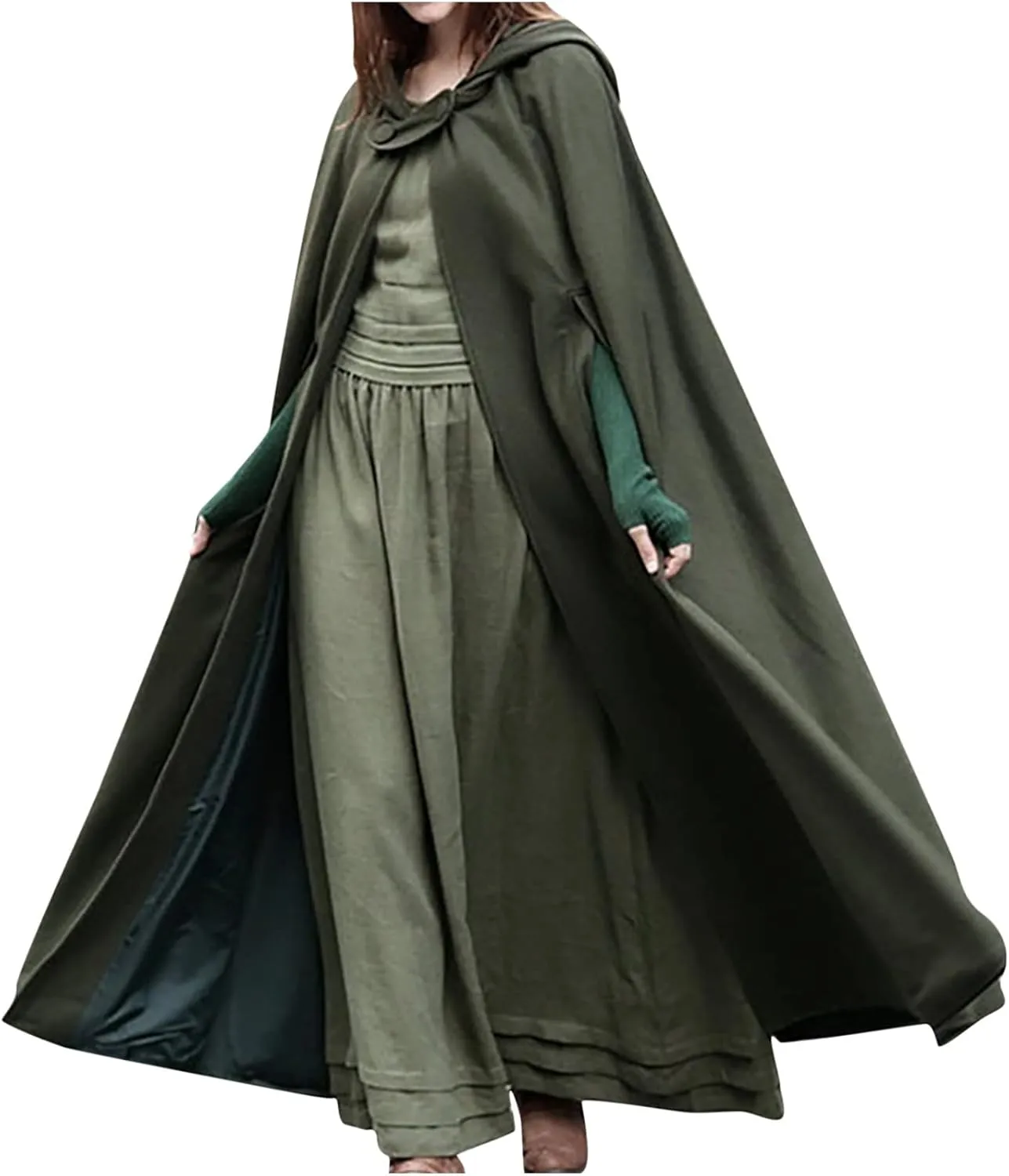 tuduoms Women Vinage Long Trench Coat, Gothic Hooded Cape Halloween Costumes Wool Blend Hooded Cape Poncho Maxi Cloak Coat