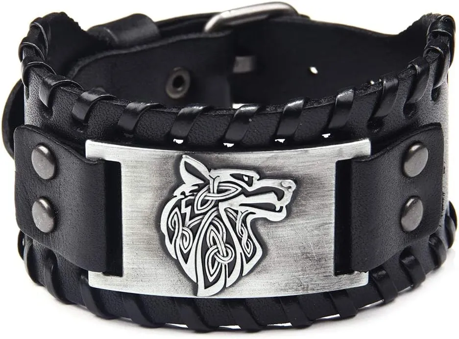 TURTLEDOVE 2 Piece Viking Leather Bracelets - Wolf Fenrir and Odins Raven - Medieval Bracelets for Historical