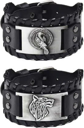 TURTLEDOVE 2 Piece Viking Leather Bracelets - Wolf Fenrir and Odins Raven - Medieval Bracelets for Historical