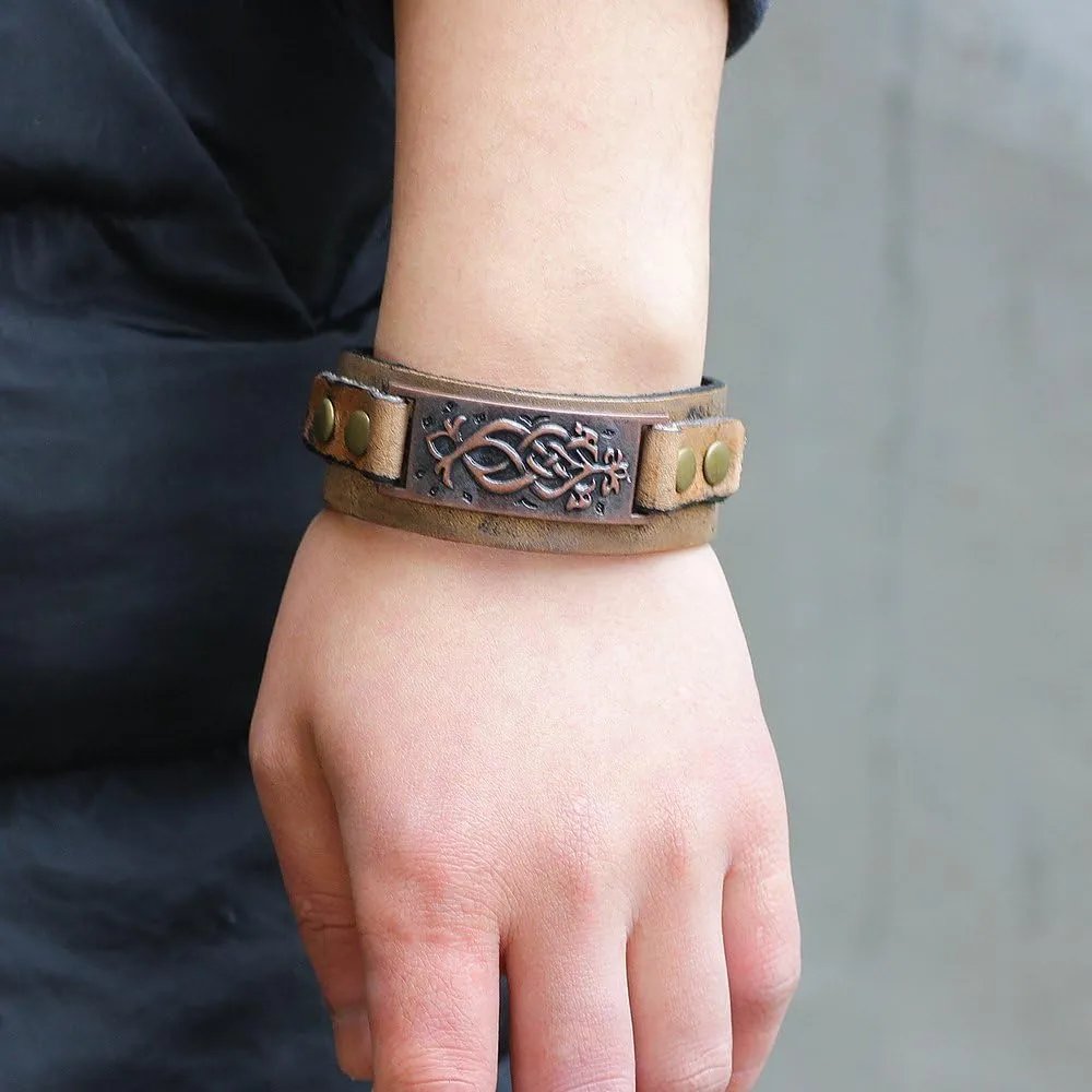 TURTLEDOVE Dara Celtic Knot Bracelet - Viking Bracelet with Vintage Totem - Metal Leather Bracelet Adjustable