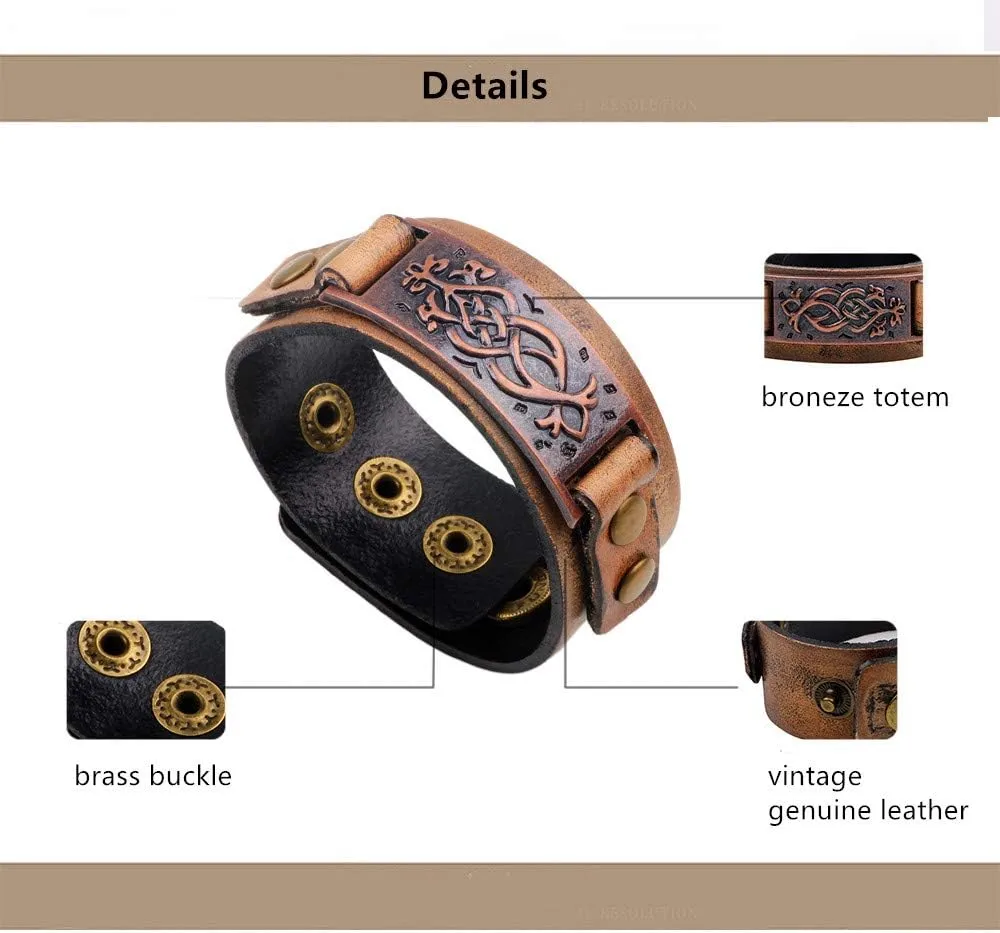 TURTLEDOVE Dara Celtic Knot Bracelet - Viking Bracelet with Vintage Totem - Metal Leather Bracelet Adjustable