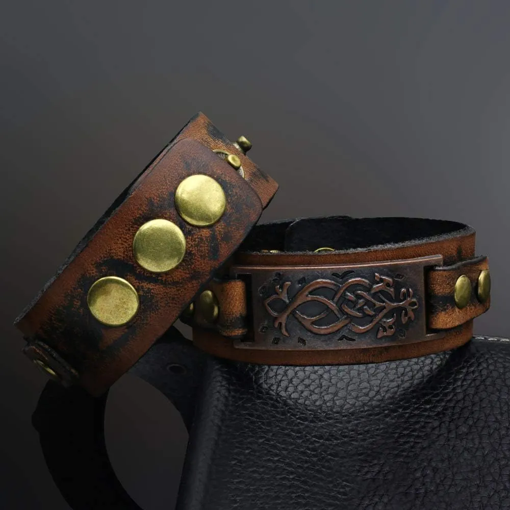 TURTLEDOVE Dara Celtic Knot Bracelet - Viking Bracelet with Vintage Totem - Metal Leather Bracelet Adjustable
