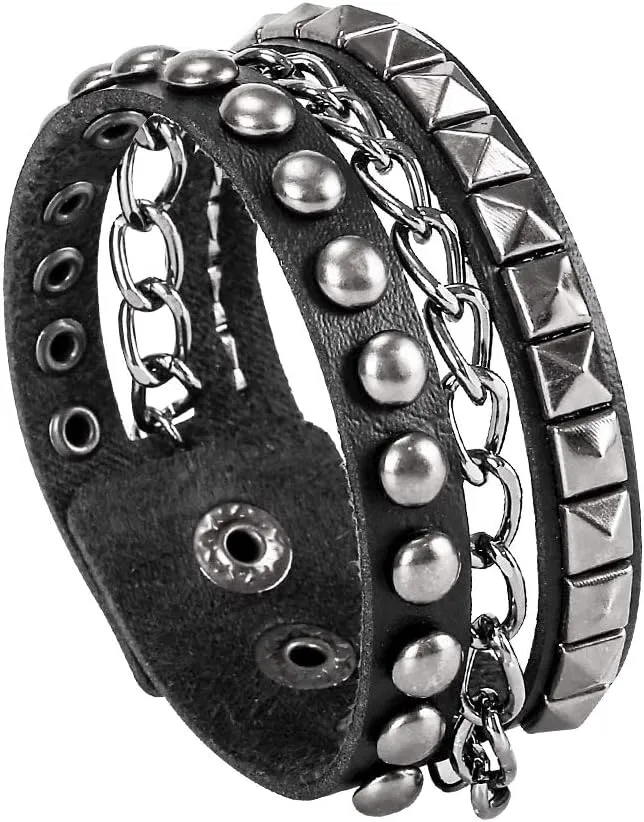 TURTLEDOVE Punk Leather Cuff Bracelet - Goth Rock Leather Wristband with Chain for Party