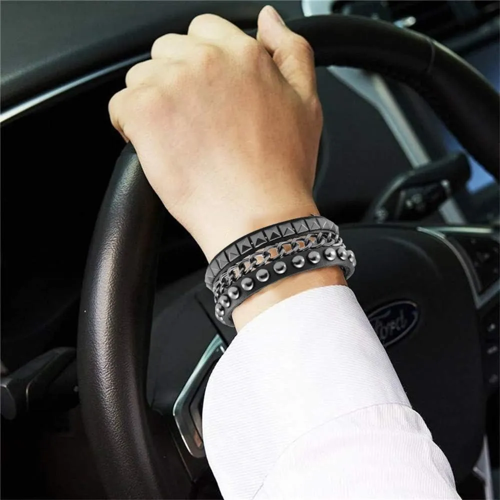 TURTLEDOVE Punk Leather Cuff Bracelet - Goth Rock Leather Wristband with Chain for Party