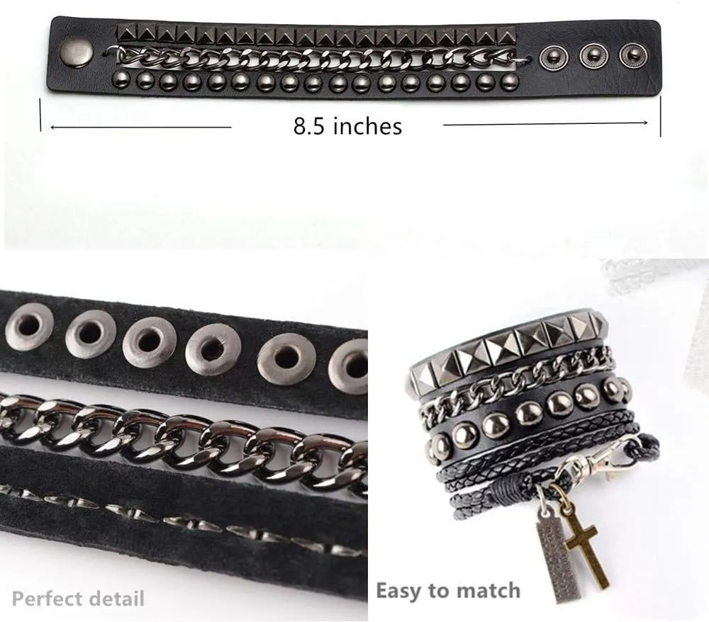 TURTLEDOVE Punk Leather Cuff Bracelet - Goth Rock Leather Wristband with Chain for Party