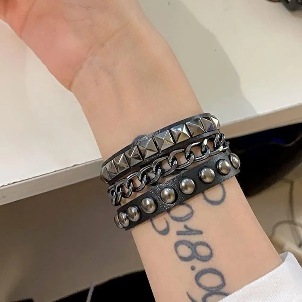 TURTLEDOVE Punk Leather Cuff Bracelet - Goth Rock Leather Wristband with Chain for Party
