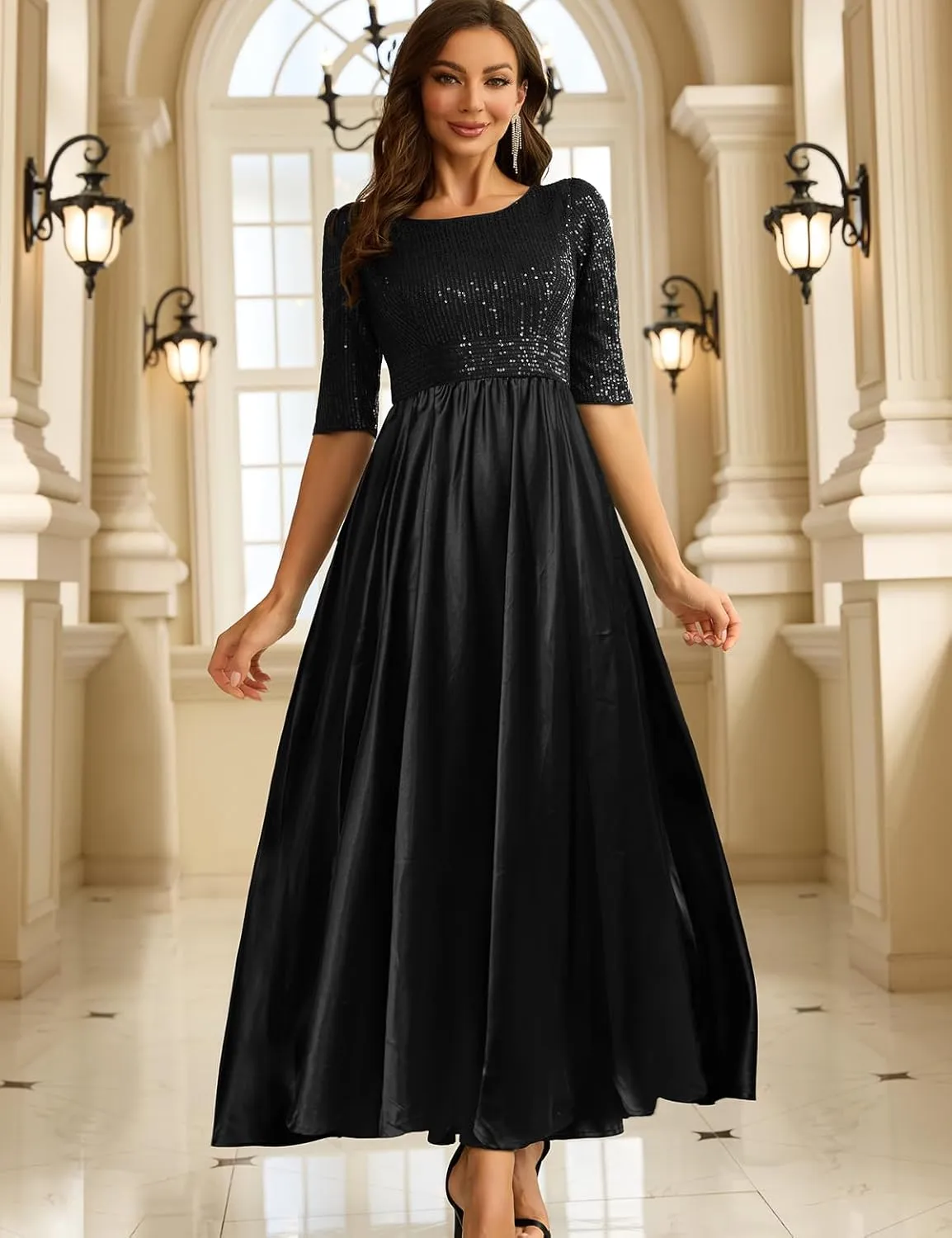 Wedding Guest Dresses Women's Cocktail Long Length Sequin Mid Sleeve Formal Gowns Elegant Party Dresses
