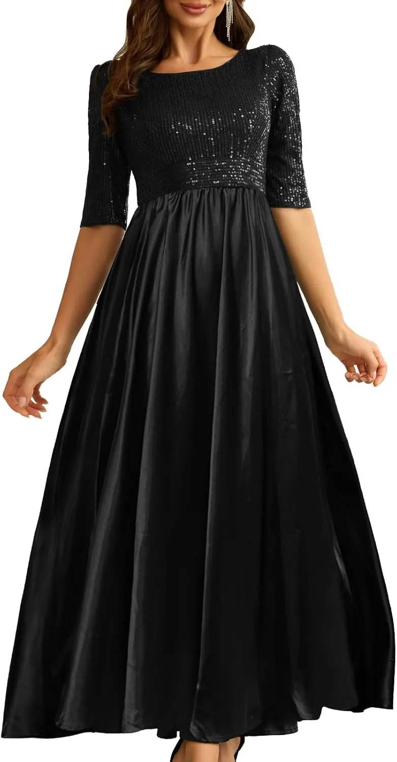 Wedding Guest Dresses Women's Cocktail Long Length Sequin Mid Sleeve Formal Gowns Elegant Party Dresses