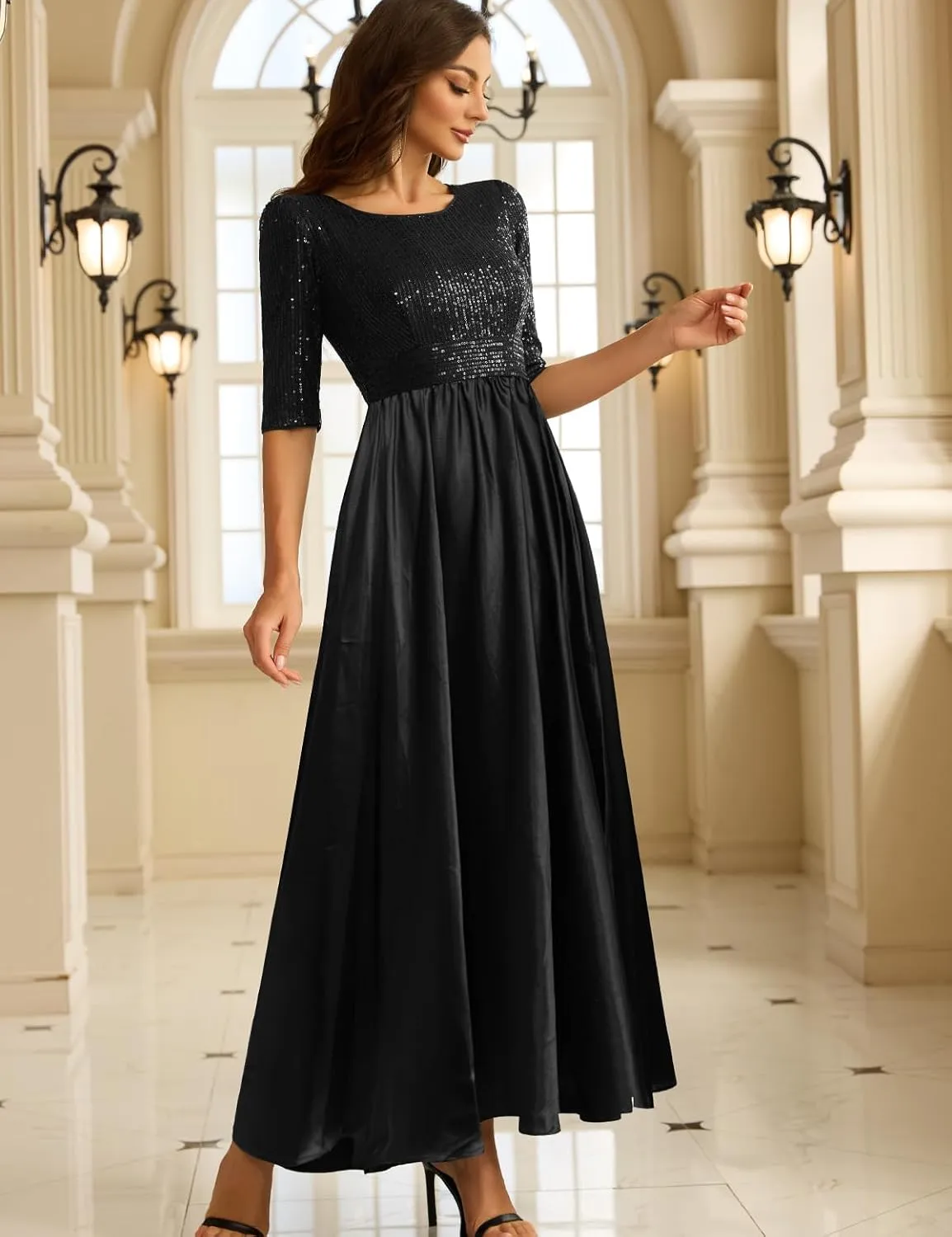 Wedding Guest Dresses Women's Cocktail Long Length Sequin Mid Sleeve Formal Gowns Elegant Party Dresses
