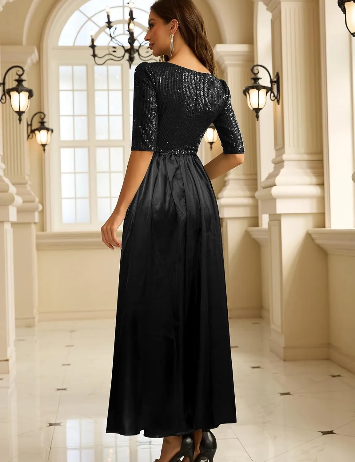 Wedding Guest Dresses Women's Cocktail Long Length Sequin Mid Sleeve Formal Gowns Elegant Party Dresses