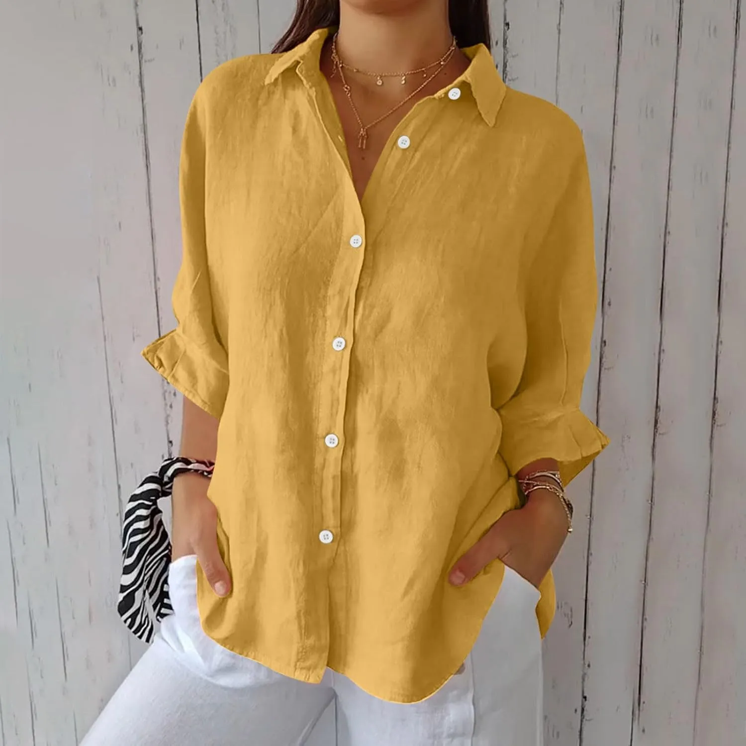 Women Button Down Shirts Cotton Linen Blouse Tops 3/4 Sleeve Gauze Collar Shirt Tunic Loose Fit Fashion Trendy Clothes