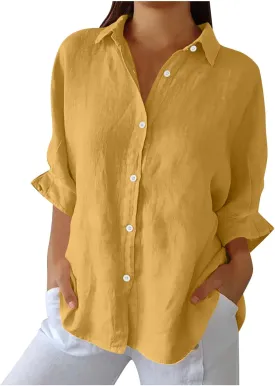 Women Button Down Shirts Cotton Linen Blouse Tops 3/4 Sleeve Gauze Collar Shirt Tunic Loose Fit Fashion Trendy Clothes