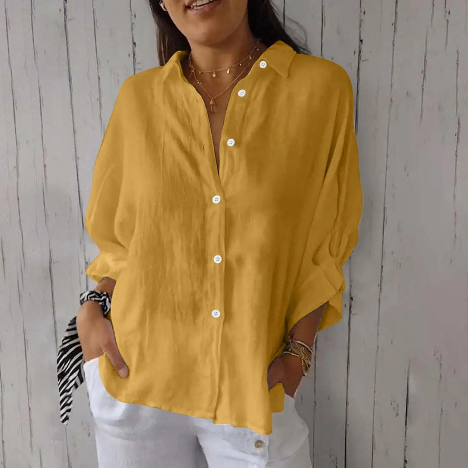 Women Button Down Shirts Cotton Linen Blouse Tops 3/4 Sleeve Gauze Collar Shirt Tunic Loose Fit Fashion Trendy Clothes