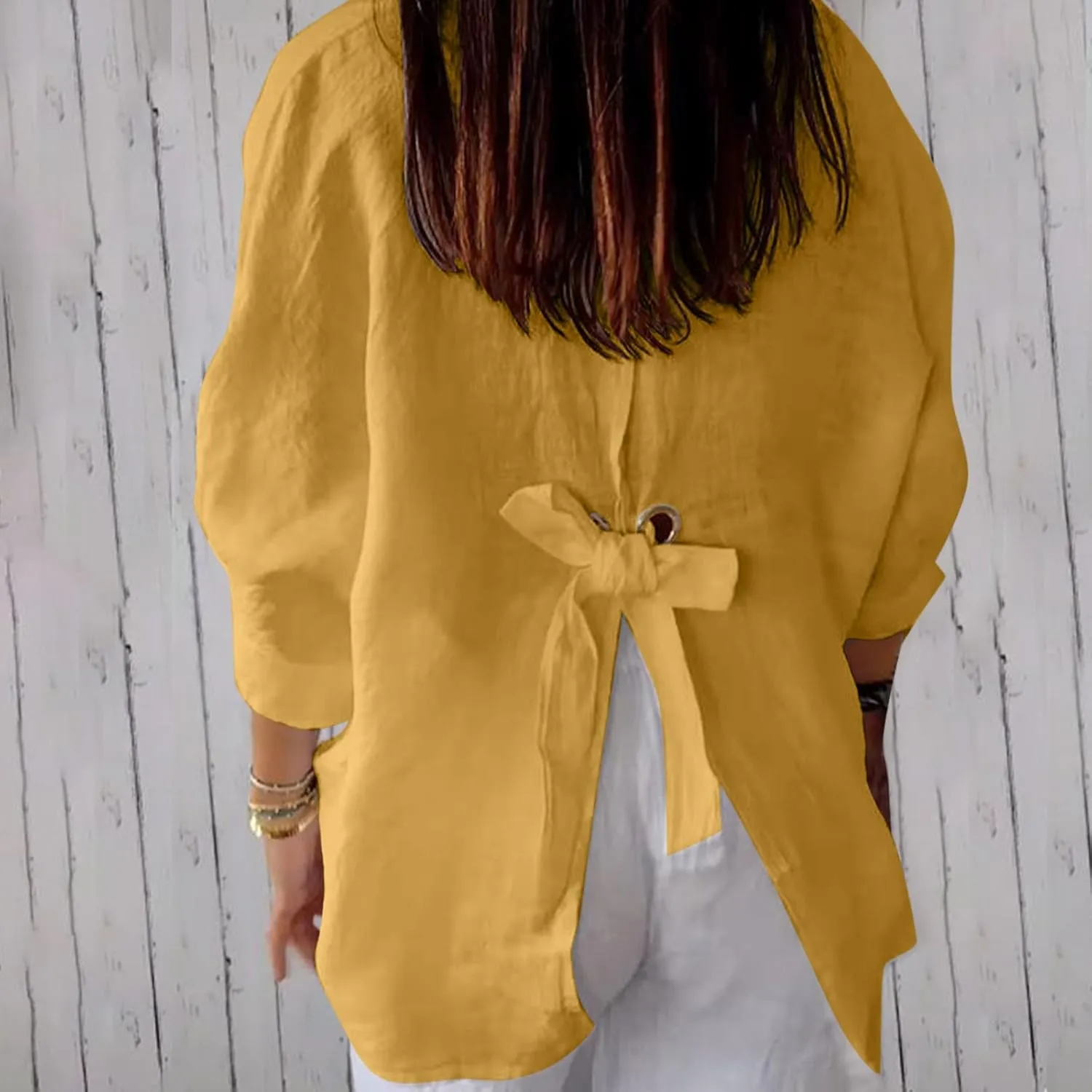 Women Button Down Shirts Cotton Linen Blouse Tops 3/4 Sleeve Gauze Collar Shirt Tunic Loose Fit Fashion Trendy Clothes