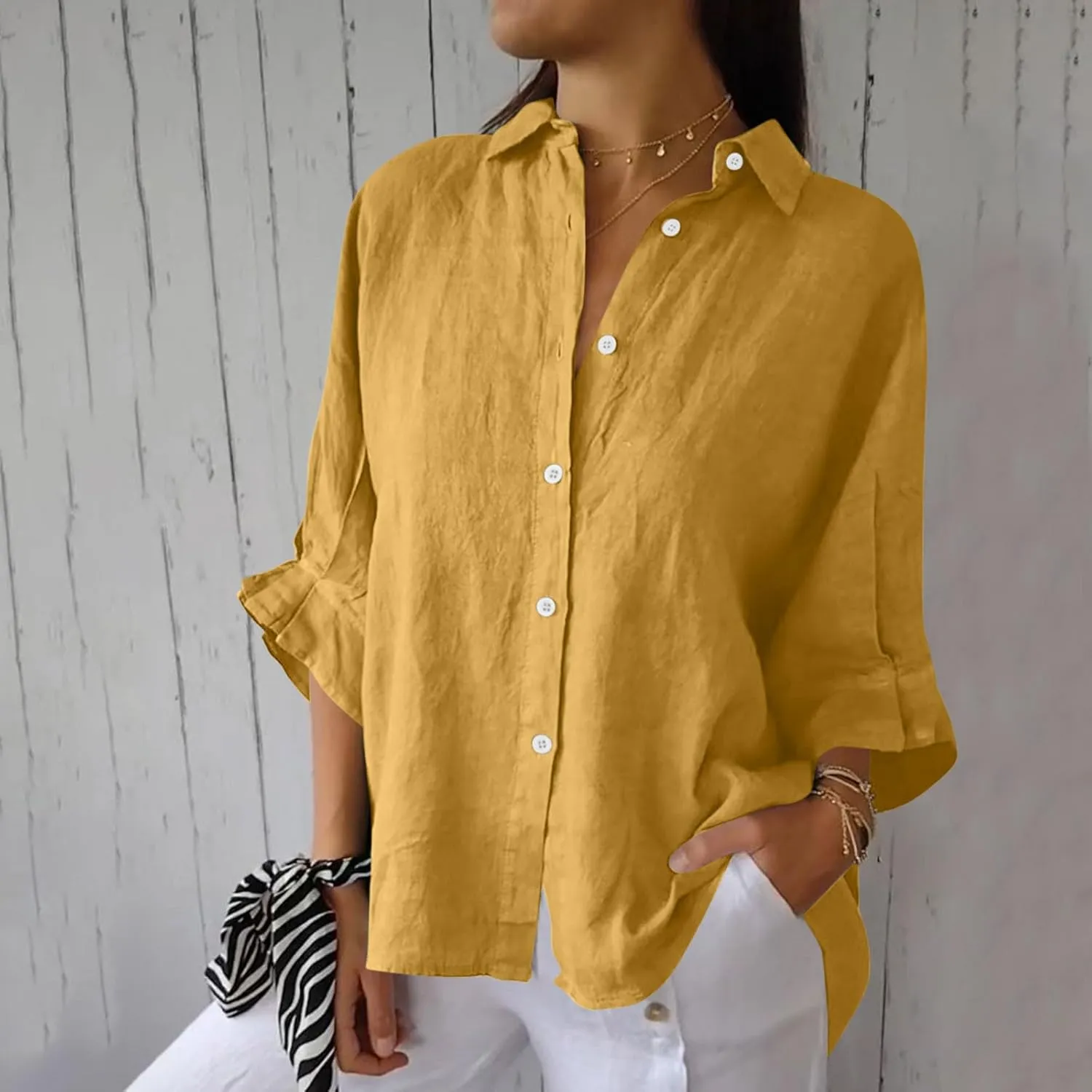 Women Button Down Shirts Cotton Linen Blouse Tops 3/4 Sleeve Gauze Collar Shirt Tunic Loose Fit Fashion Trendy Clothes