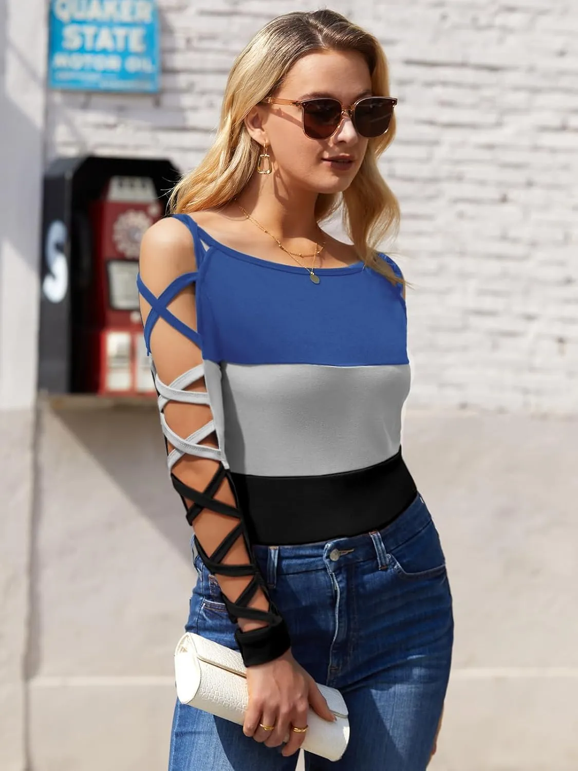 Women Sexy Tops Cold Shoulder Criss-Cross Long Sleeve Shirt Dressy Casual Hollow Cut Out Night Club Party Blouse