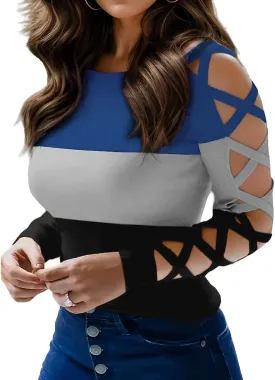 Women Sexy Tops Cold Shoulder Criss-Cross Long Sleeve Shirt Dressy Casual Hollow Cut Out Night Club Party Blouse
