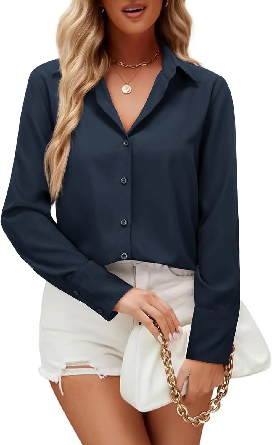 Womens Button Down Shirts Dress Shirt Dressy Casual Striped Blouse Long Sleeve Work Office Business Chiffon Top