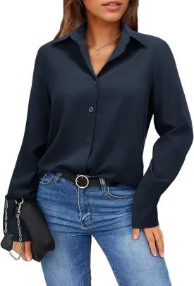Womens Button Down Shirts Dress Shirt Dressy Casual Striped Blouse Long Sleeve Work Office Business Chiffon Top