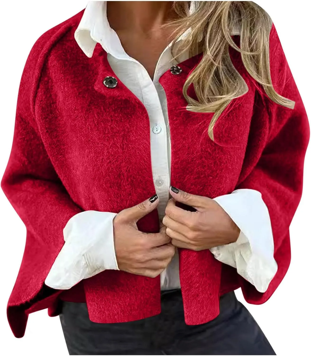 Womens Jackets Cropped Wool Blend Fuzzy Jacket Long Sleeve Open Front Cardigan Oversize Plush Fall Winter Outerwear