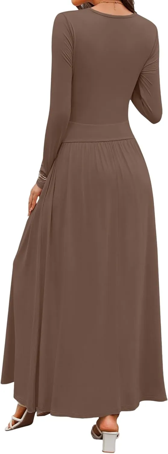 Women's Knitted Dresses Crewneck Long Sleeve Maxi Dress 2025 Casual Trendy Slim Swing Pleated Dresses with Pockets