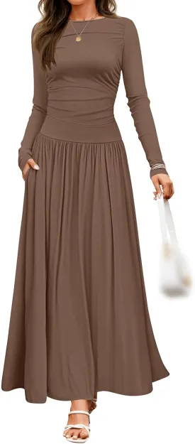 Women's Knitted Dresses Crewneck Long Sleeve Maxi Dress 2025 Casual Trendy Slim Swing Pleated Dresses with Pockets