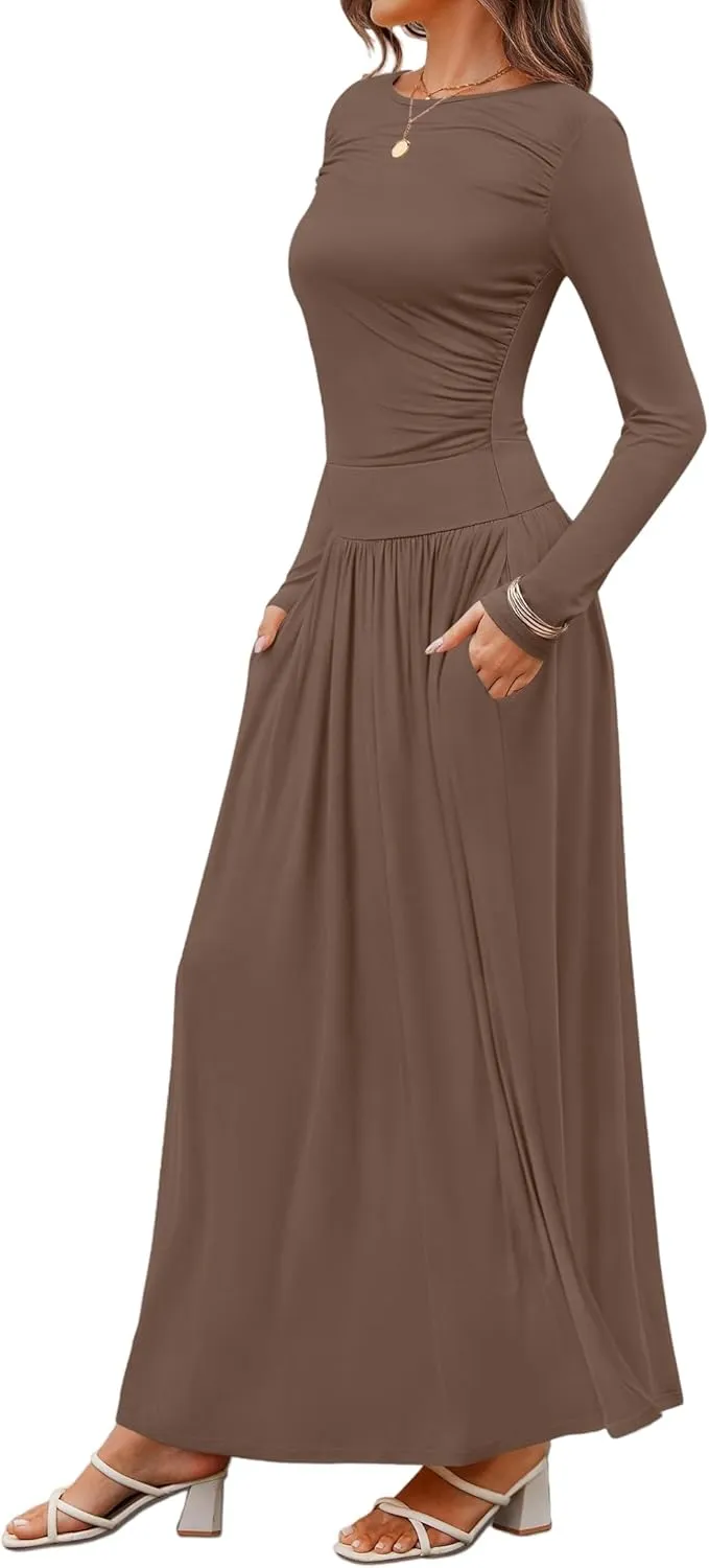 Women's Knitted Dresses Crewneck Long Sleeve Maxi Dress 2025 Casual Trendy Slim Swing Pleated Dresses with Pockets