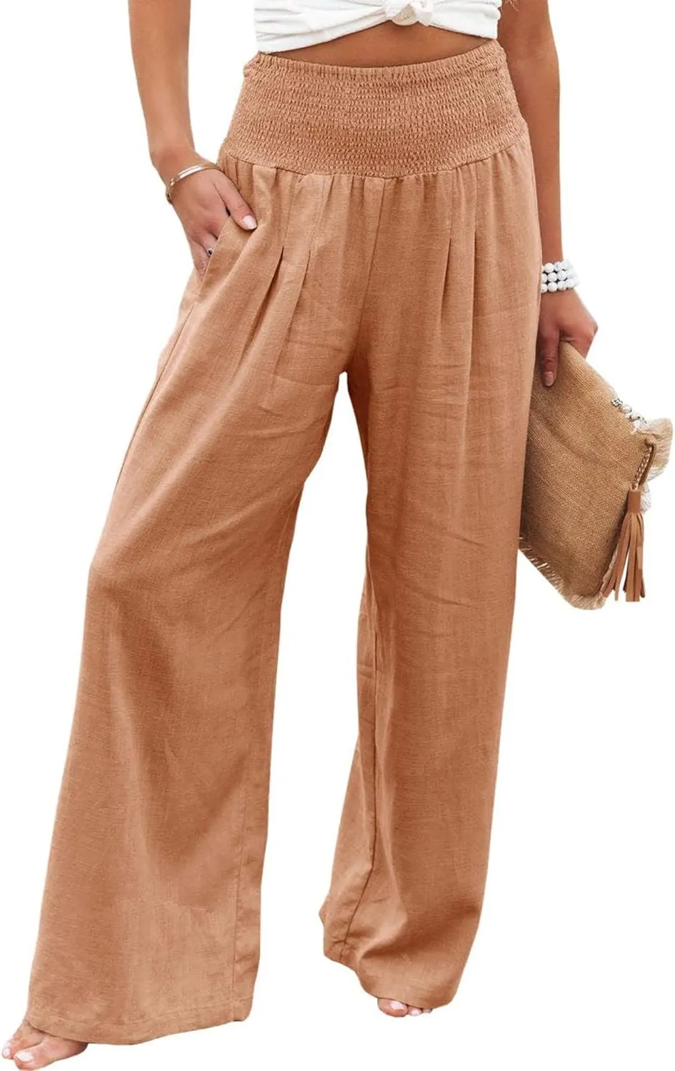 Womens Linen Pants Boho Wide Leg Lounge Pant High Waist Palazzo Pant Summer Beach Trousers Travel Vacation Outfits