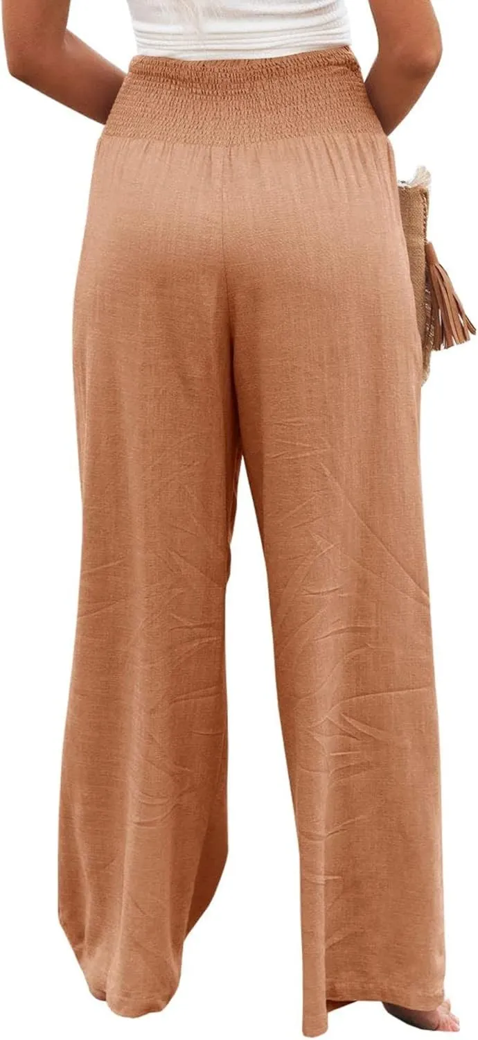 Womens Linen Pants Boho Wide Leg Lounge Pant High Waist Palazzo Pant Summer Beach Trousers Travel Vacation Outfits