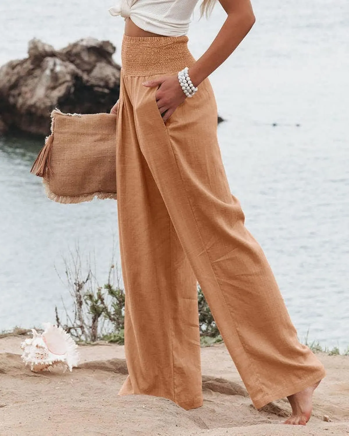 Womens Linen Pants Boho Wide Leg Lounge Pant High Waist Palazzo Pant Summer Beach Trousers Travel Vacation Outfits