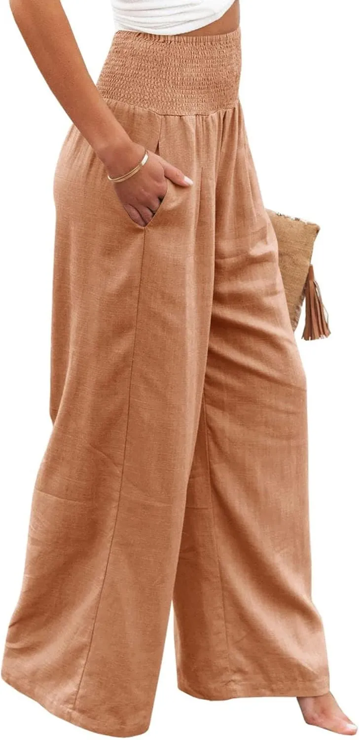 Womens Linen Pants Boho Wide Leg Lounge Pant High Waist Palazzo Pant Summer Beach Trousers Travel Vacation Outfits