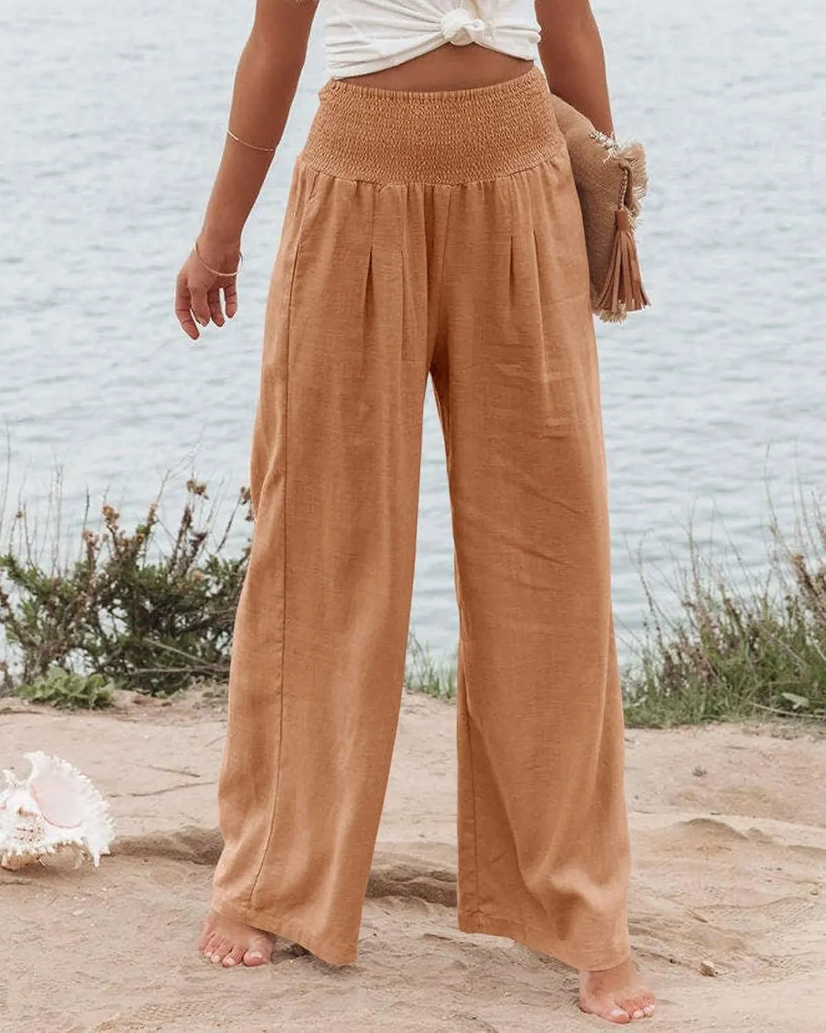 Womens Linen Pants Boho Wide Leg Lounge Pant High Waist Palazzo Pant Summer Beach Trousers Travel Vacation Outfits