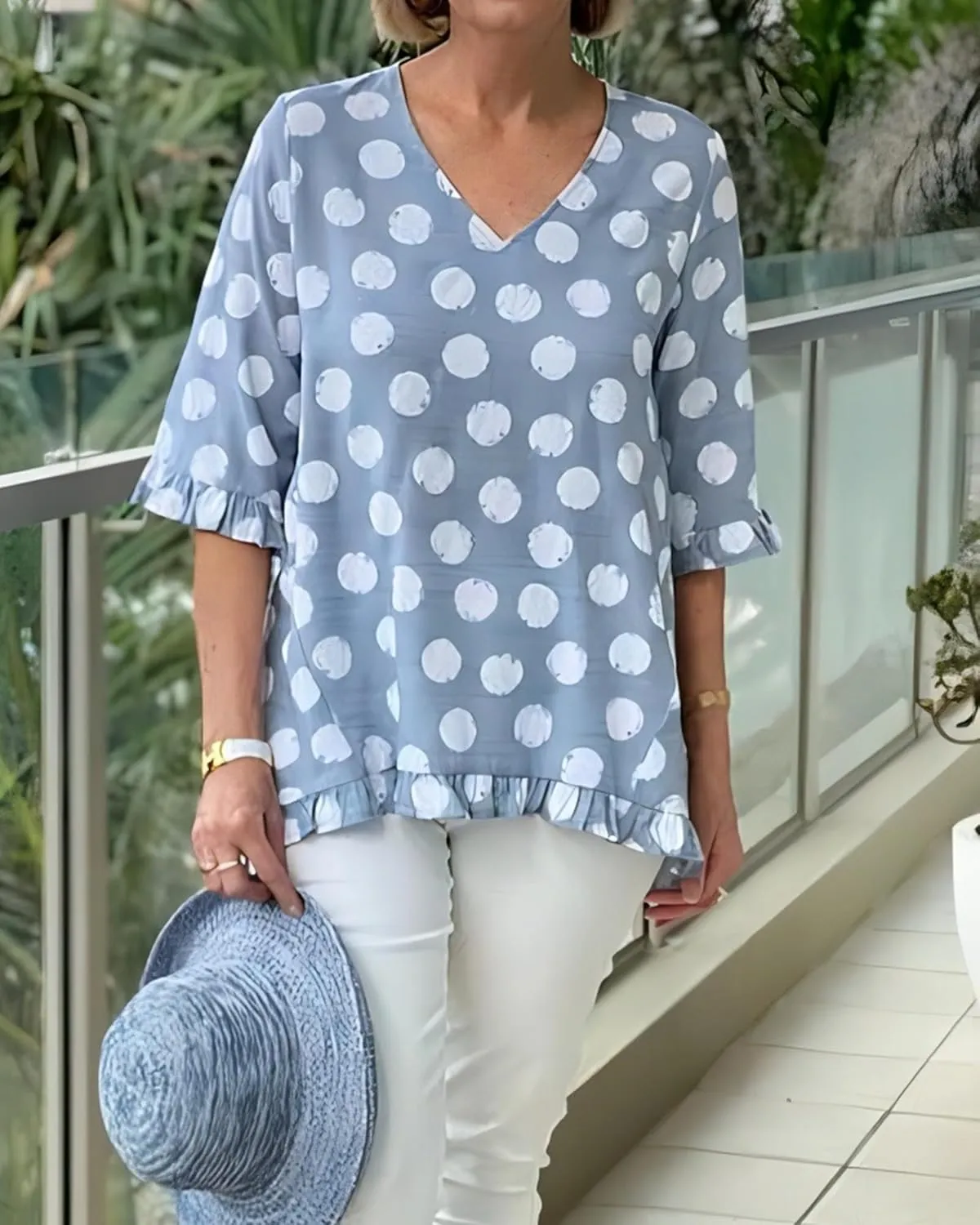 Women's Polka Dots Cotton Linen Blouses Summer 3/4 Sleeve Ruffle Plus Size Tops Casual Loose V Neck T Shirts