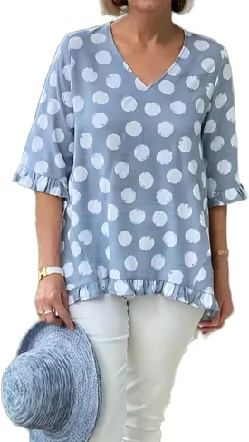 Women's Polka Dots Cotton Linen Blouses Summer 3/4 Sleeve Ruffle Plus Size Tops Casual Loose V Neck T Shirts