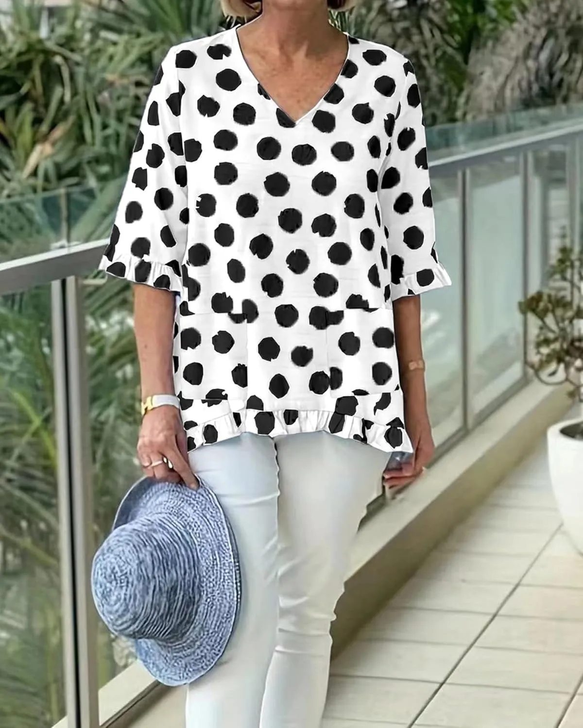 Women's Polka Dots Cotton Linen Blouses Summer 3/4 Sleeve Ruffle Plus Size Tops Casual Loose V Neck T Shirts