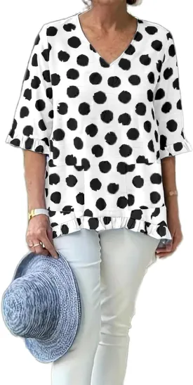 Women's Polka Dots Cotton Linen Blouses Summer 3/4 Sleeve Ruffle Plus Size Tops Casual Loose V Neck T Shirts